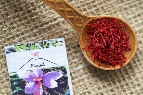 Cucchiaio di legno con motivi incisi, colmo di fili di zafferano rosso intenso, poggiato su un tessuto di juta. Accanto, un'etichetta con il logo 'Mongibello' raffigurante un fiore di zafferano in fiore e un disegno stilizzato dell'Etna